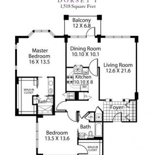 A detailed floor plan featuring two bedrooms, a living room, dining area, kitchen, and bathroom.