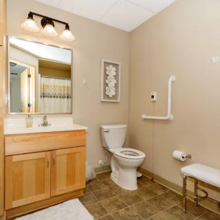 A well-lit, accessible bathroom featuring a toilet with a grab bar, a wooden vanity with a sink and mirror, and additional seating.