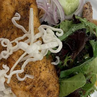 Grilled chicken served with a fresh salad of mixed greens, onions, and cucumber.