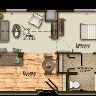 A floor plan of a one-bedroom apartment featuring a living room, kitchen, dining area, bathroom, and bedroom.
