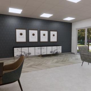 A modern and minimalist living room featuring sleek furniture and contemporary artwork on a dark accent wall.
