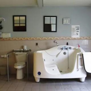 An accessible bathroom with a specialized bathtub and a toilet, designed for ease of use.