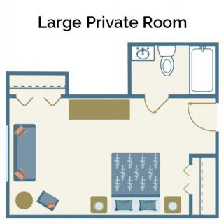 Floor plan of a large private room with furniture and bathroom layout.