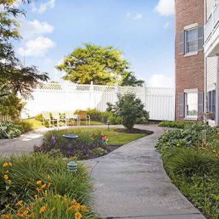 A peaceful garden with a curved pathway surrounded by lush greenery and flowers, adjacent to a building under a clear blue sky.