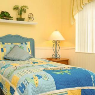 A cozy bedroom with a single bed featuring a blue and yellow quilt, accompanied by a lamp on the bedside table and decorated with plants on a wall shelf.