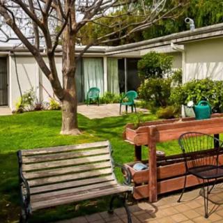 A tranquil garden patio with benches and chairs surrounded by greenery.