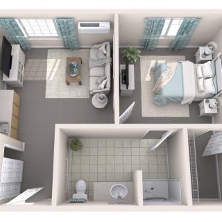 A 3D rendered floor plan of a small apartment featuring a living room, bedroom, bathroom, and kitchen.