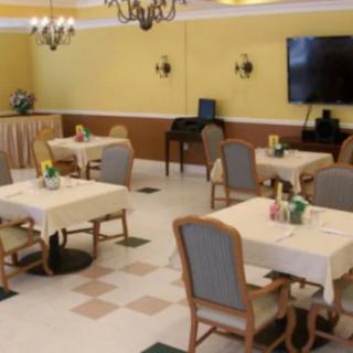 An empty dining area with neatly arranged tables and chairs.