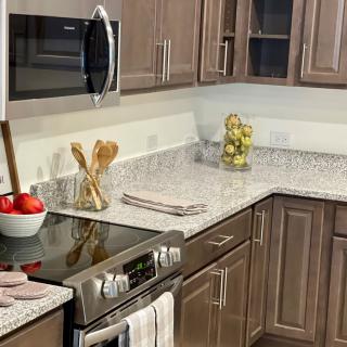 A modern kitchen featuring wooden cabinets, a sleek stove, and a microwave, with decorative items on the countertop.