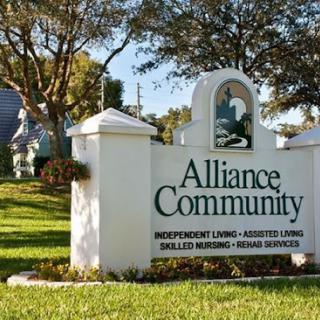 The entrance sign for Alliance Community, highlighting various senior living options.