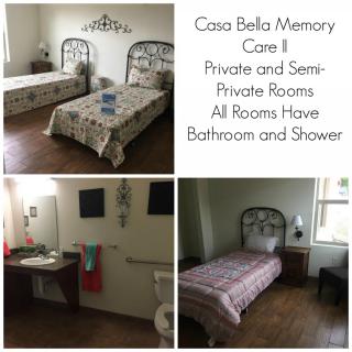 Interior of a memory care facility featuring private and semi-private rooms with bathrooms and showers.