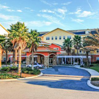 A sunny day view of a building entrance surrounded by palm trees and well-maintained landscaping.