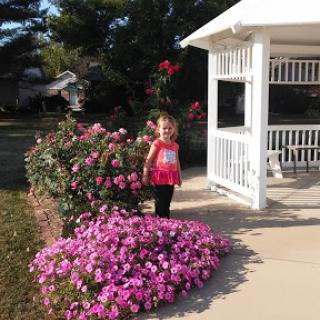 A young girl enjoying a sunny day in a vibrant garden filled with blooming flowers.