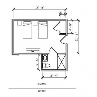 A floor plan showing the layout of a room with a bathroom.