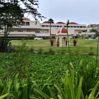 A serene view of a garden with elegant architecture in the background.