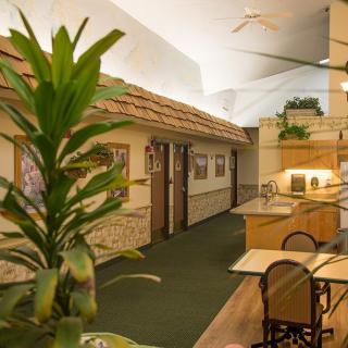 A cozy indoor hallway with plants and seating arrangements.