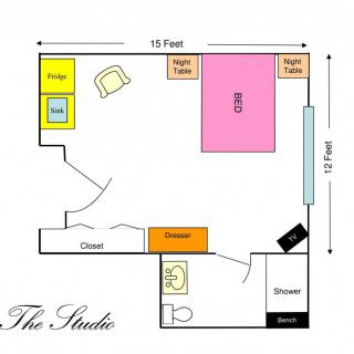 A floor plan of a studio apartment featuring a bed, closet, dresser, shower, fridge, and high tables.