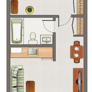 A floor plan of an apartment featuring a bathroom, kitchen, and living area.