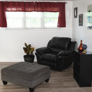 A cozy living room corner with a black chair and ottoman, accented by a potted plant and decorative items.