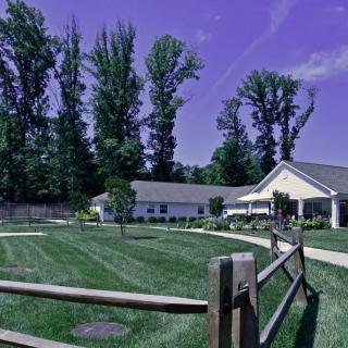 A scenic view of a house with a wooden fence and well-maintained lawn under a blue sky.