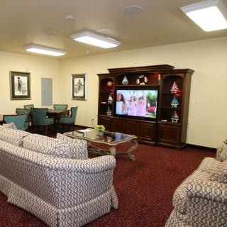 A cozy living room with a television, couches, and furniture, decorated in a warm and inviting style.