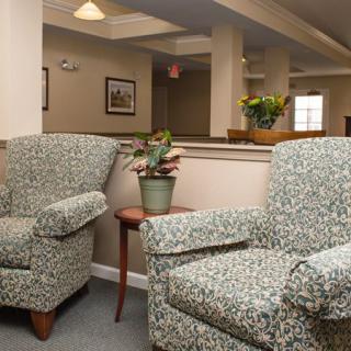 A cozy living room interior with patterned armchairs and a small wooden table adorned with plants and decor.