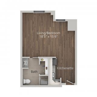 Studio apartment floor plan with designated kitchen, living/bedroom, and bathroom areas.