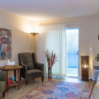 A cozy living room with armchairs, a colorful rug, and warm lighting.