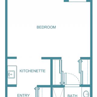 This image is a floor plan of an apartment with a bedroom, kitchenette, bathroom, and entry area.