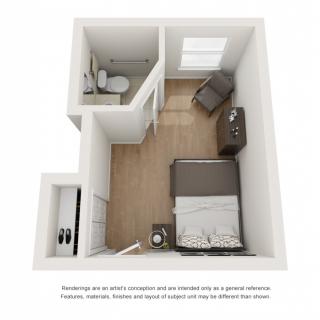 A 3D rendering of a compact bedroom floor plan with an attached bathroom.