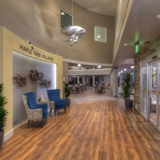 A modern lobby with comfortable seating, wood flooring, and decorative plants.