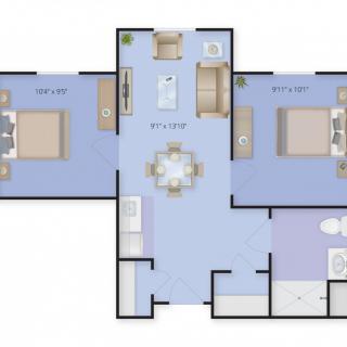 A floor plan illustrating the layout of a residential space with labeled rooms and furniture.