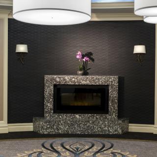 A modern room with a decorative fireplace and elegant lighting.