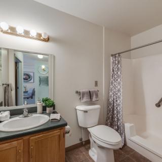 A modern bathroom featuring a shower area with a patterned curtain, a toilet, and a vanity with a mirror and sink.
