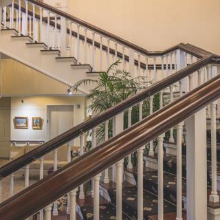 An elegant interior with a wooden staircase and decorative plant, resembling an art gallery.