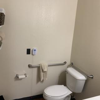 A small bathroom with a toilet, handrail, and wall-mounted soap dispenser.