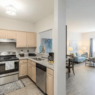 A modern apartment with an open floor plan featuring a kitchen and living room.