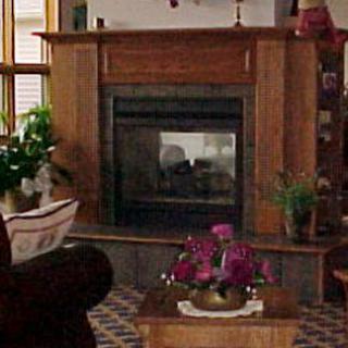 A cozy living room with a wooden fireplace, decorated with plants and a table centerpiece.
