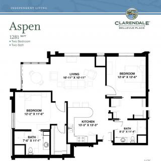Floor plan of the Aspen model apartment featuring two bedrooms, a living room, kitchen, and bathroom.
