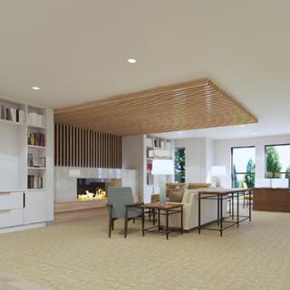 A contemporary living room featuring a cozy fireplace and elegant wood accents, providing a bright and welcoming atmosphere.