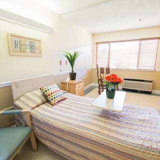 A bright and clean hospital room with a bed, chair, and decorative plant.