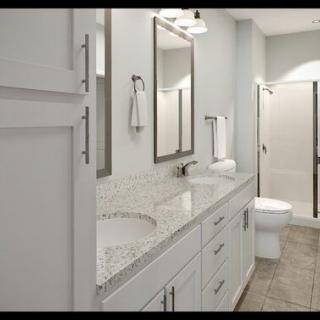 Modern bathroom with a double sink vanity and a spacious shower.