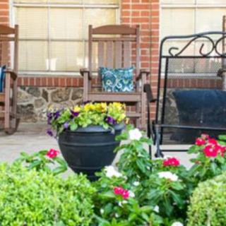 A cozy porch setting with rocking chairs, a swing, and colorful flowers in a pot.