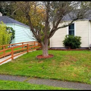 A cozy neighborhood house with a tree in the front yard and a wooden accessibility ramp leading to the entrance.
