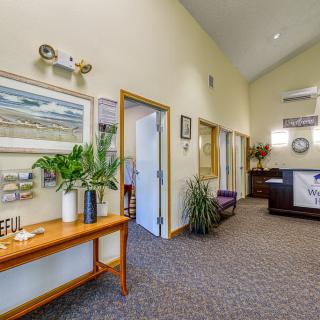 A welcoming reception area with artwork and plants creating a cozy atmosphere.