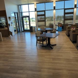 A modern, spacious interior with wooden flooring and large windows letting in natural light.