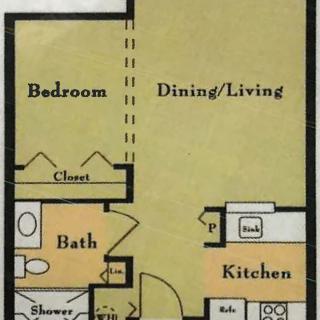 A floor plan of a one-bedroom apartment featuring a combined dining/living area, kitchen, bathroom, and closet space.
