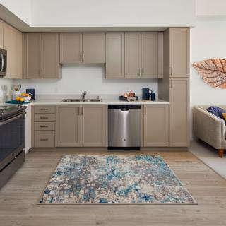 A modern kitchen with wooden cabinets and stainless steel appliances, featuring a colorful rug on the floor.