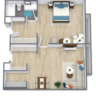 A 3D floor plan of an apartment featuring a bedroom, living room, bathroom, and kitchen.