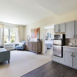 A modern and bright apartment interior featuring a living room and kitchen area.